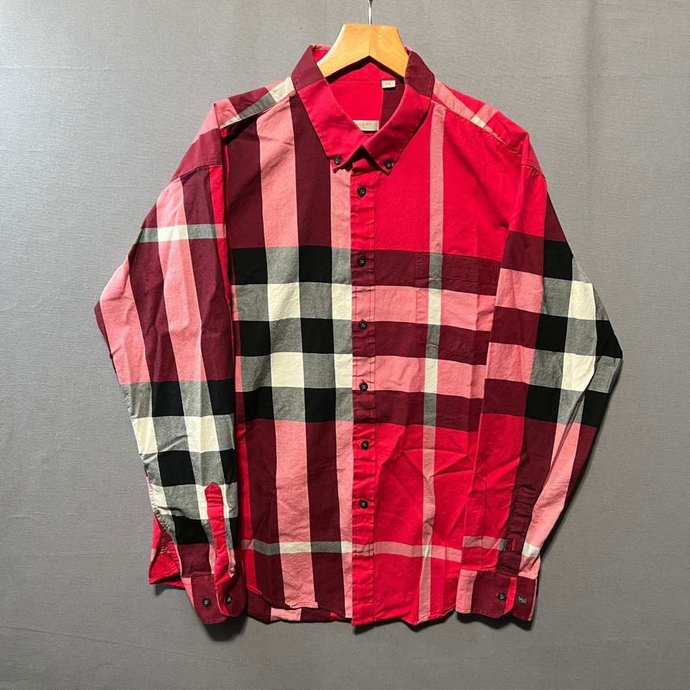 Burberry Brit Mens XXL Red Oversized Check Button Down Shirt Long Sleeve Cotton